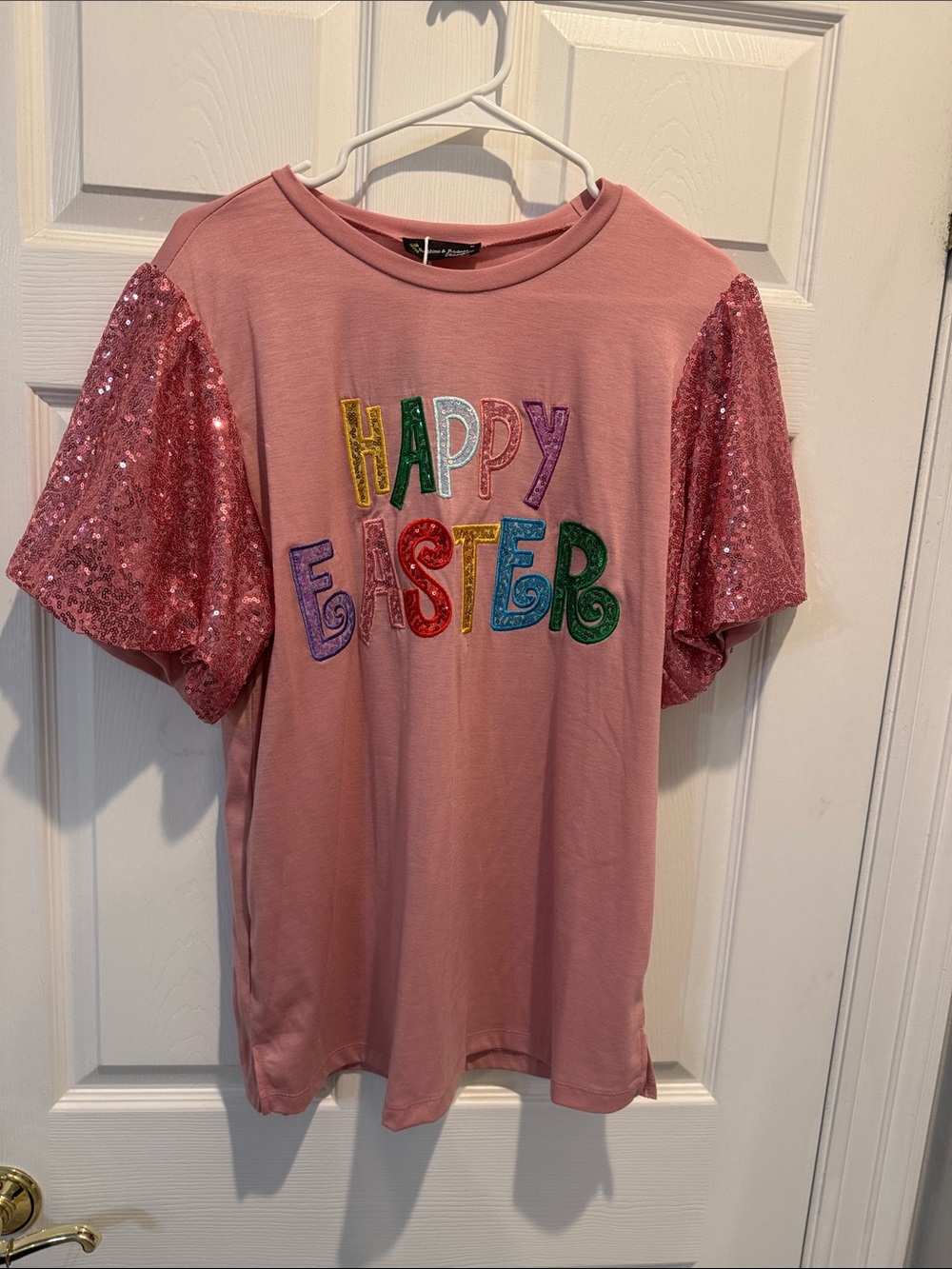 Happy Easter Pink Sequin Sleeve Tee